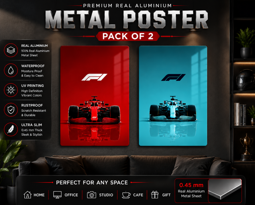 Racing Car Metal Poster Set of 2 | A4 Premium Aluminium Wall Decor