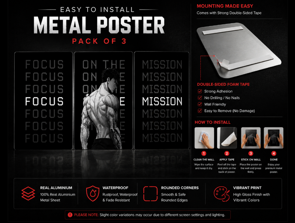 Focus & Mission Motivational Metal Poster Set of 3 | A4 Premium Aluminum Wall Decor