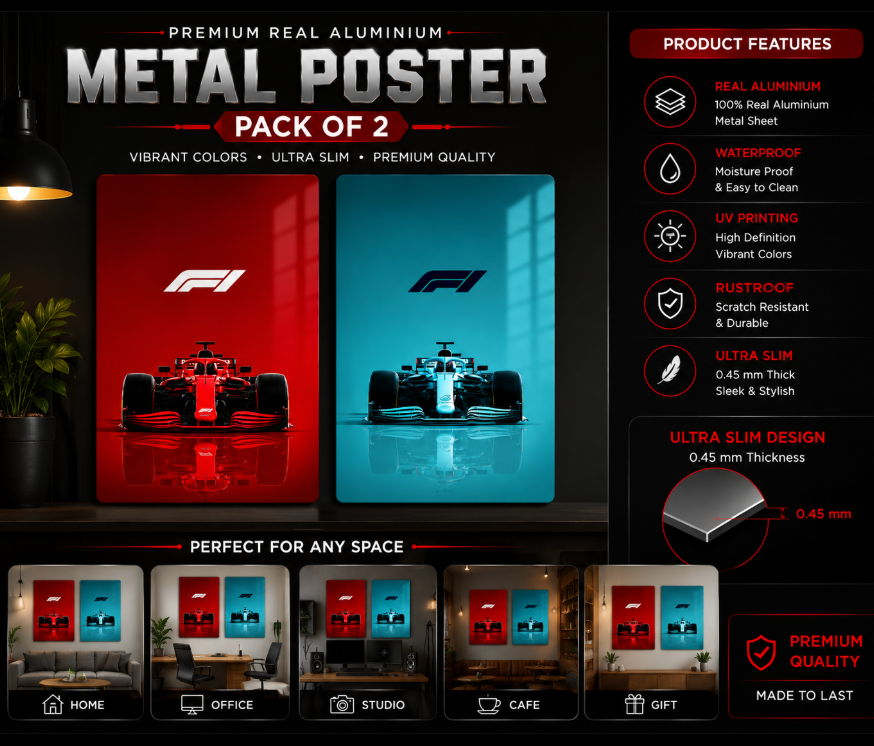 Racing Car Metal Poster Set of 2 | A4 Premium Aluminium Wall Decor